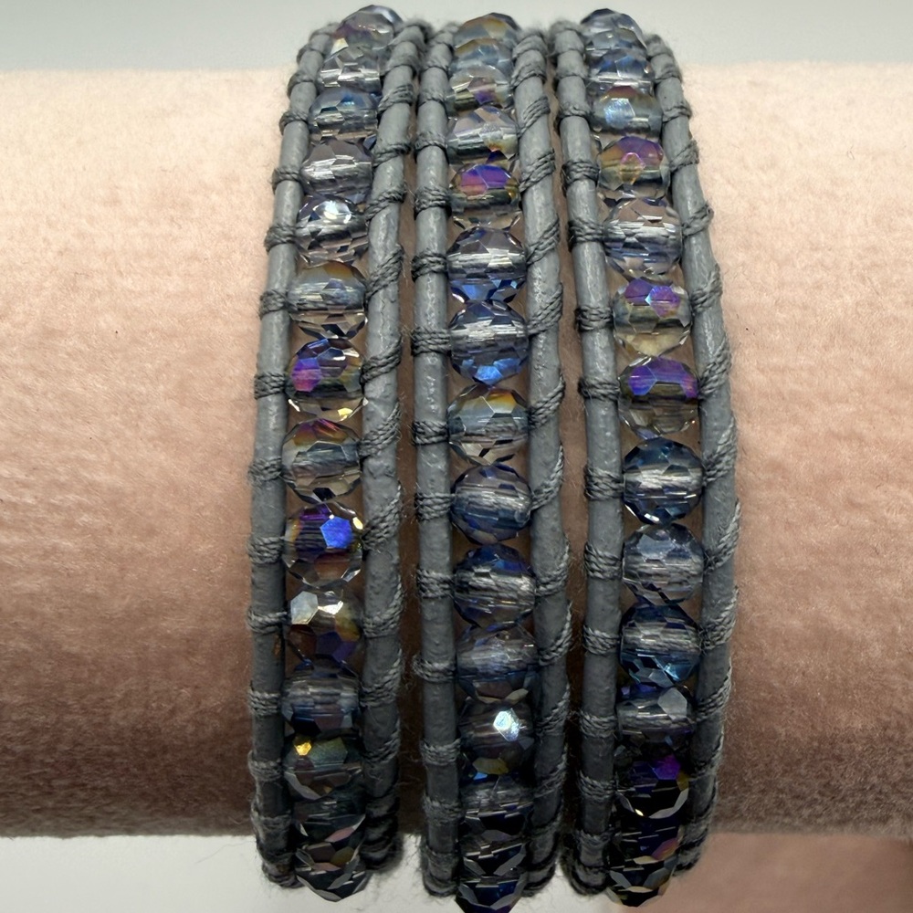 Victoria Emerson 3‑Wrap Bracelet – Iridescent Moonlight Crystals‎ on Grey Cord